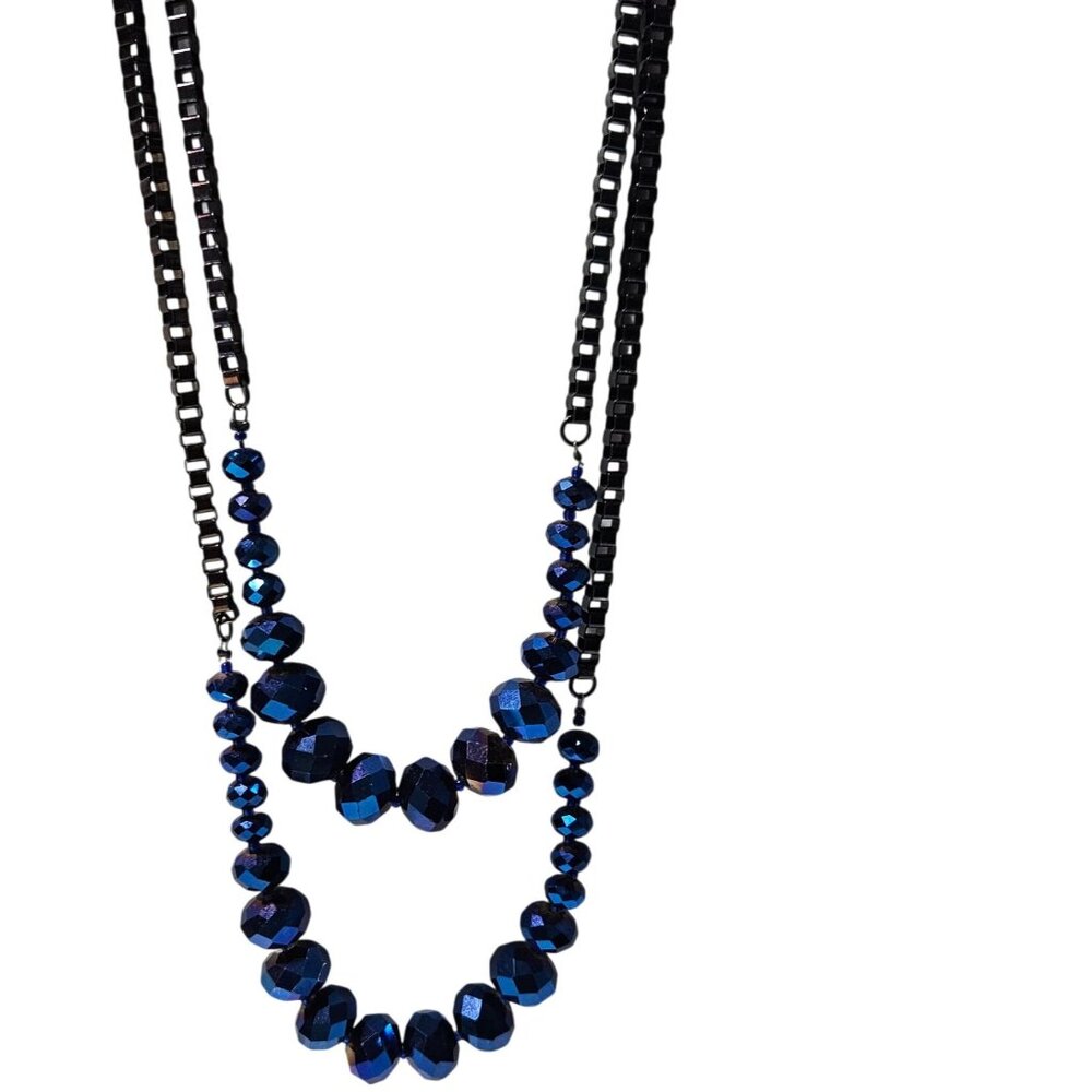 Elegant Retro Beaded Necklace Faceted Blue Beads Black Double Strand Chain